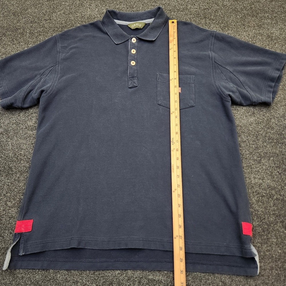 Vintage Orvis Polo Shirt Large Blue Cotton Pique Side Vents Heavy American Flag - Picture 4 of 6